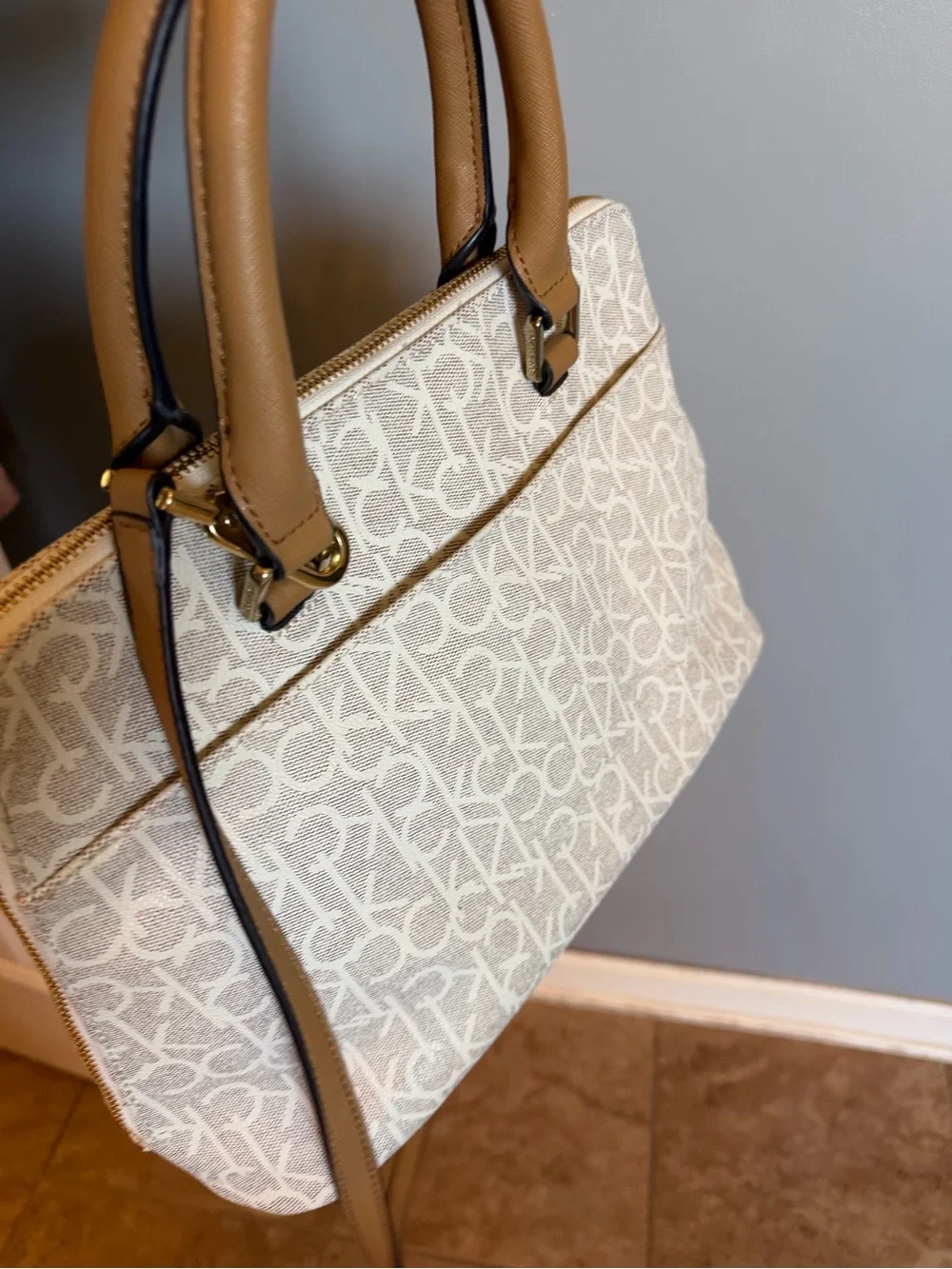 Calvin Klein Cream Logo Satchel with Brown Trim and Gold Hardware